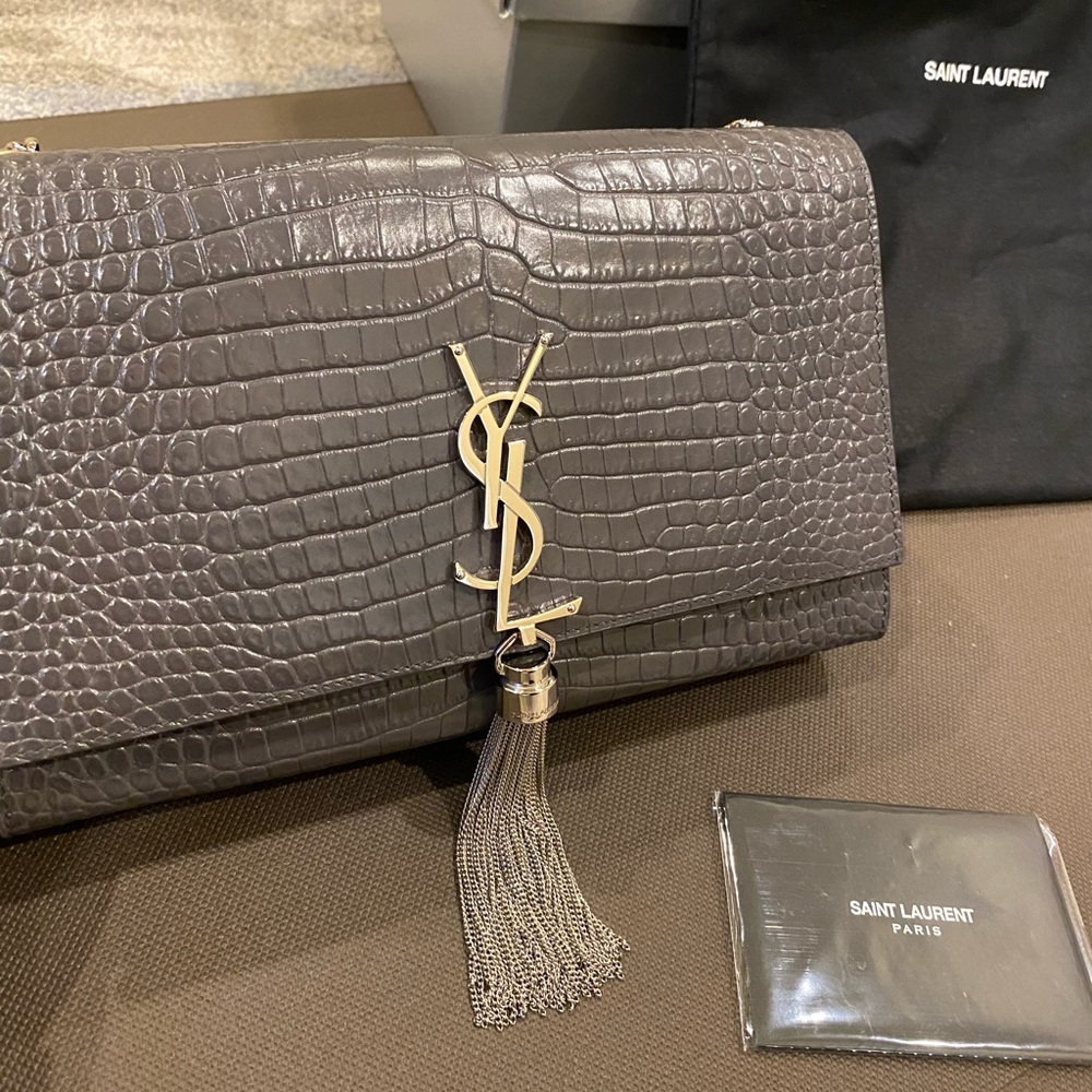 Like NEW, Asphalt Grey “Saint Laurent monogram Kate Crocodile” Medium